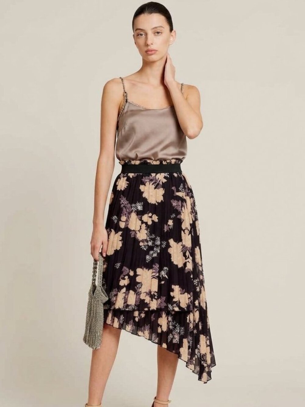 Black & Cream Floral Asymmetric Midi Skirt
